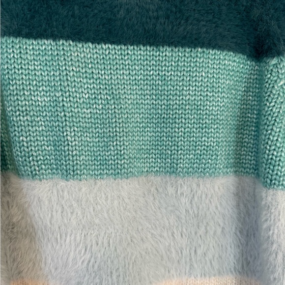 LOFT Green and Blue Crew Neck Fuzzy Sweater with Striped Design - Picture 3 of 4